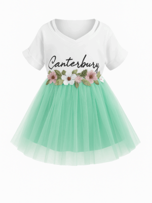 set de vara cu tricou si fusta de tul verde pentru fetite flowerbelt