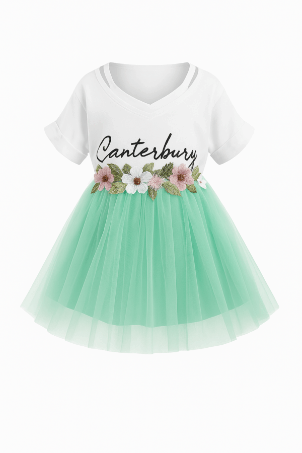 set de vara cu tricou si fusta de tul verde pentru fetite flowerbelt