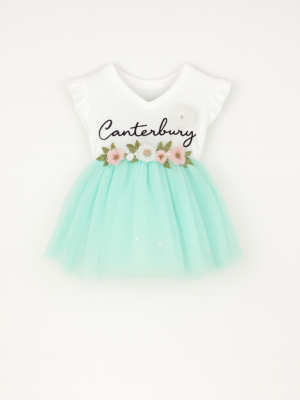 set cu fusta si tricou pentru fetite verde alb flowerbelt