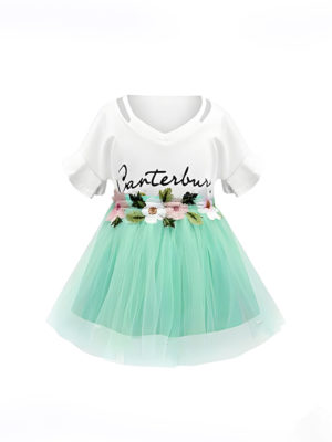 set cu fusta si tricou pentru fetite verde alb flowerbelt