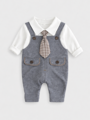 compleu cu salopeta gri cu bretele si bluza alba pentru copii baietei bebelusi baieti north