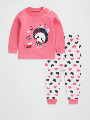 pijamale roz pentru copii fetite cu inimioare scufi