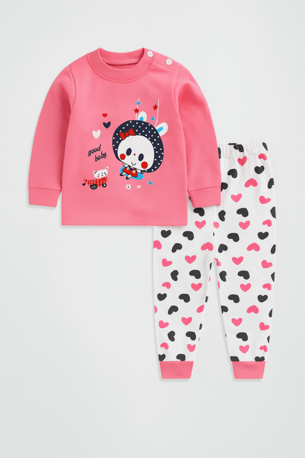 pijamale roz pentru copii fetite cu inimioare scufi