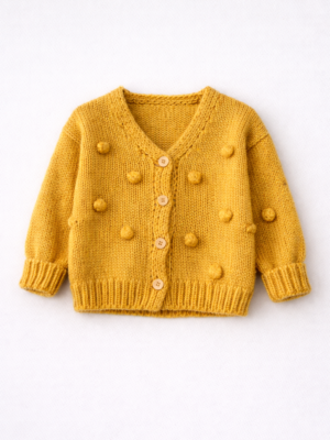 cardigan galben tricotat pentru copii cu nasturi si ciucuri fancy
