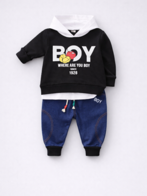 compleu cu hanorac si pantaloni pentru baietei copii set cu negru si albastru pentru baieti boy