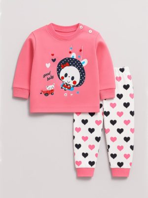 pijamale roz pentru copii fetite cu inimioare scufi