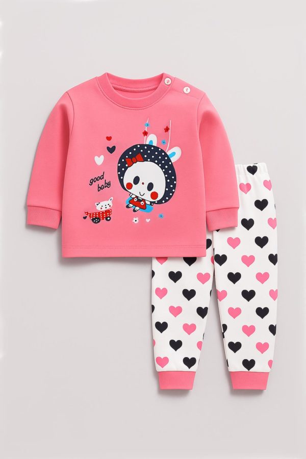 pijamale roz pentru copii fetite cu inimioare scufi
