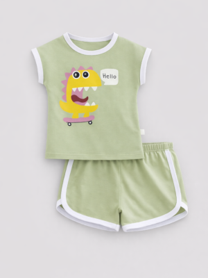 set verde de vara pentru copii fetite baietei cu dinozaur dino hello