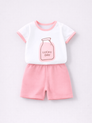 set de vara compleu cu tricou si pantaloni scurti pentru copii baieti fete roz alb lucky