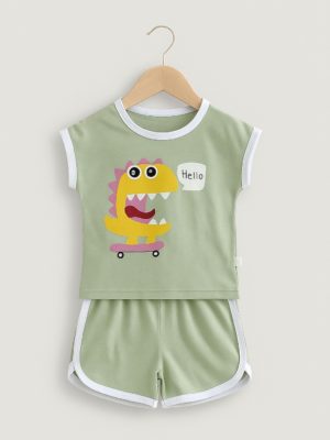 set verde de vara pentru copii fetite baietei cu dinozaur dino hello
