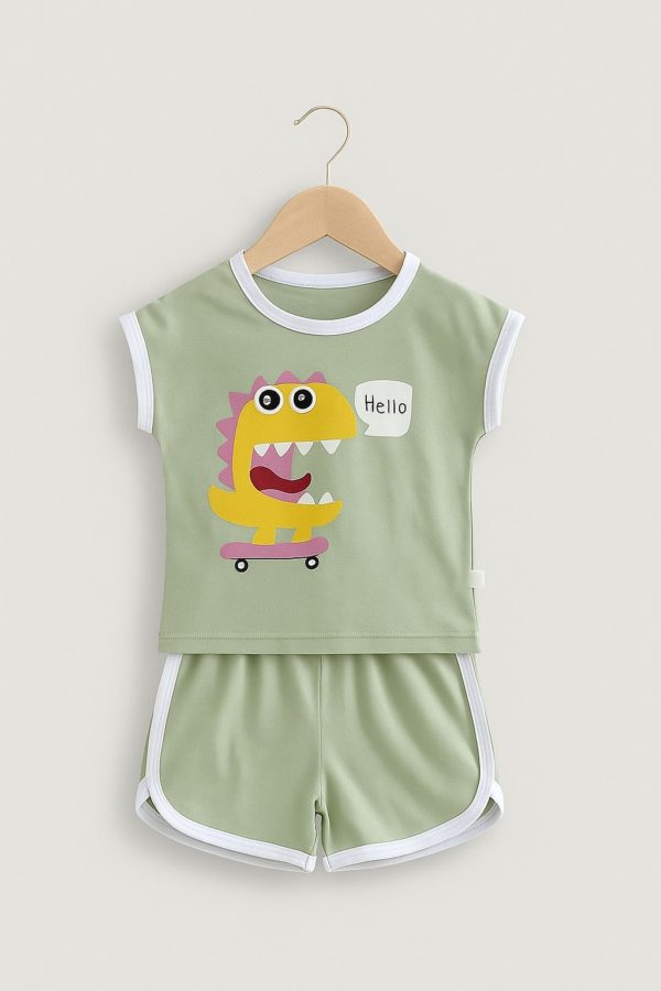 set verde de vara pentru copii fetite baietei cu dinozaur dino hello