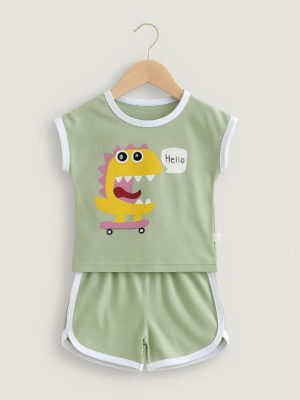 set verde de vara pentru copii fetite baietei cu dinozaur dino hello