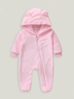 Costum-salopeta cu gluga si urechi Mellow Roz