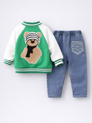 set cu bluza, blugi si jacheta pentru baieti baietei compleu cu trei piese verde james