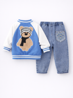 set cu bluza, blugi si jacheta pentru baieti baietei compleu cu trei piese albastru james