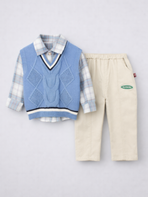 compleu cu camasa, vesta si pantaloni 3 piese pentru baietei baieti albastru bej steve