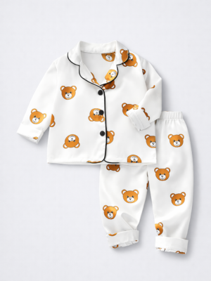 pijamale albe pentru copii baietei din satin cu ursuleti silky