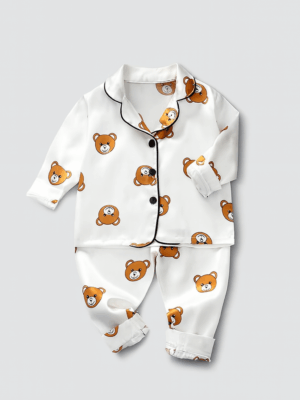 pijamale albe pentru copii baietei din satin cu ursuleti silky