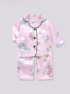 pijamale roz pentru fetite cu unicorni pentru copii silky