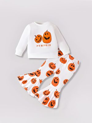 set pentru fetite cu bluza si pantaloni de halloween pumpkin