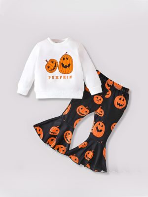 set pentru fetite cu bluza si pantaloni de halloween pumpkin