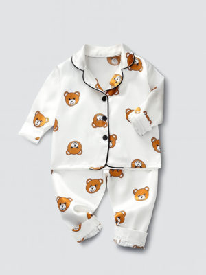 pijamale albe pentru copii baietei din satin cu ursuleti silky