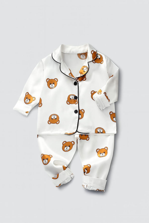 pijamale albe pentru copii baietei din satin cu ursuleti silky
