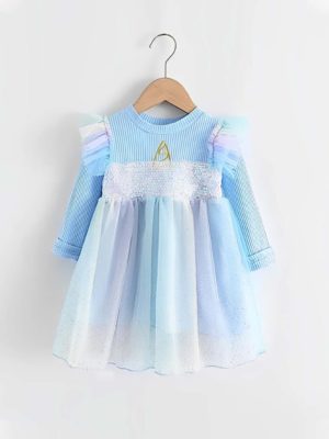 rochie stralucitoare cu paiete unicorn pentru fetite albastra joy