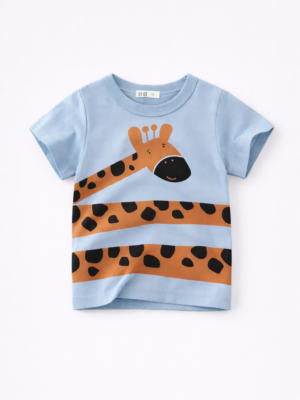 tricou de bumbac pentru copii baietei cu girafa albastru maro jungle giraffe