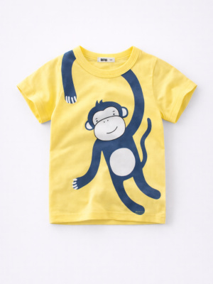 tricou de bumbac pentru copii baietei cu maimuta galben albastru alb jungle monkey