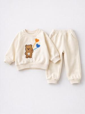 set casual pentru bebelusi si copii bej cu ursulet maro tedy