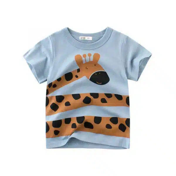 tricou de bumbac pentru copii baietei cu girafa albastru maro jungle giraffe