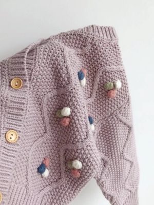 cardigan tricotat mov pentu copii fetite cu ciucuri lavanda