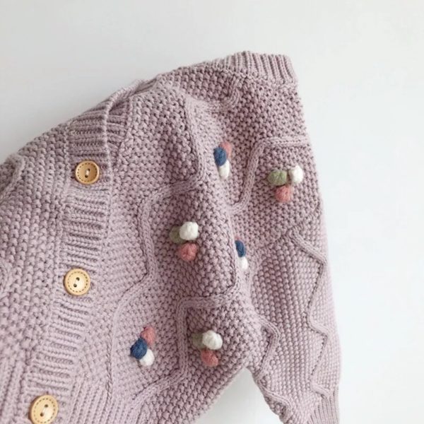 cardigan tricotat mov pentu copii fetite cu ciucuri lavanda