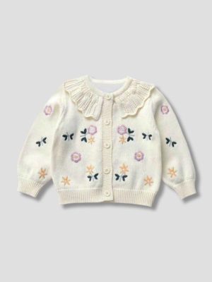 cardigan cu flori si broderie pentru fetite copii crem bej flori colorate bloomy