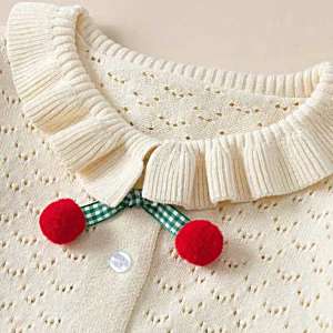 cardigan pentru copii bebelusi fetite tricotat pointelle bej galben cu cirese cerise