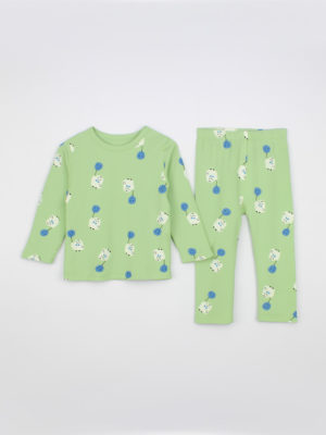 set de pijama pentru copii fetite baietei cu doua piese cu imprimeu verde greencandy