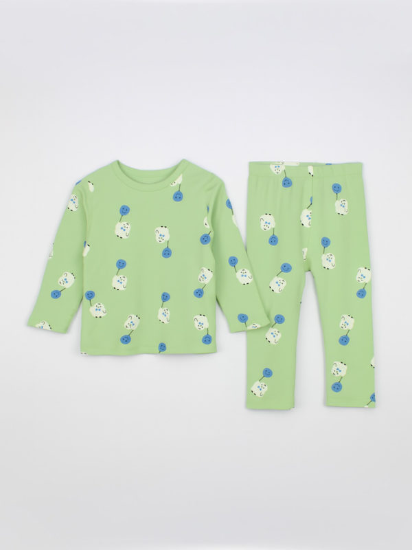 set de pijama pentru copii fetite baietei cu doua piese cu imprimeu verde greencandy