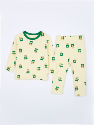 pijamale pentru copii cu ursuleti verzi din bumbac set cu bluza si pantaloni greenbear
