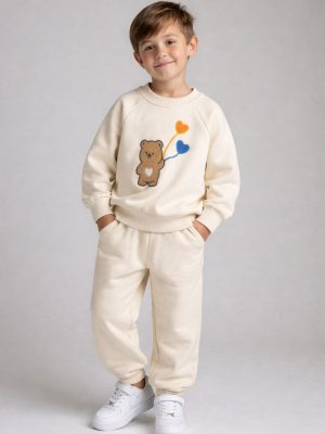 set casual pentru bebelusi si copii bej cu ursulet maro tedy
