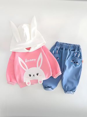 set compleu cu hanorac si blugi pentru copii fetite roz cu iepuras pink rabbit