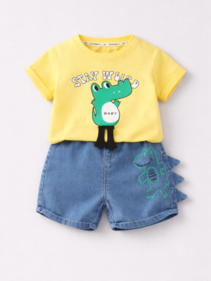compleu cu doua piese set cu tricou galben si blugi scurti pantaloni scurti albastri pentru copii baietei baieti lizard