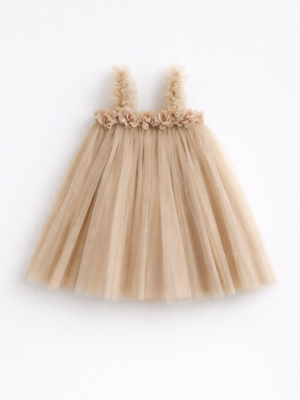 rochie eleganta pentru fetite fete bebel;use nude bej din tul cu flori aelia