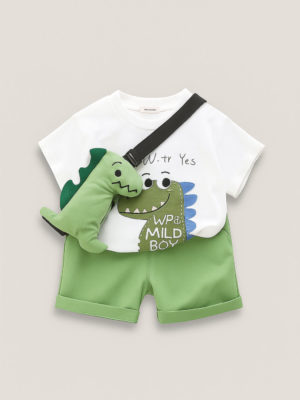 SET DE VARA PENTRU BAIETEI CU TRICOU SI PANTALONI SCURTI VERDE ALB BARNEY