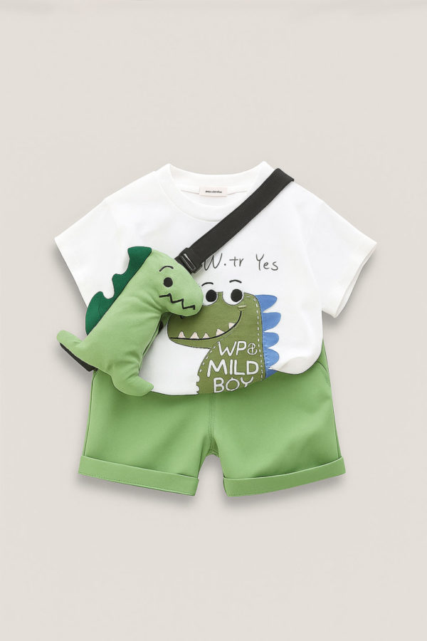 SET DE VARA PENTRU BAIETEI CU TRICOU SI PANTALONI SCURTI VERDE ALB BARNEY