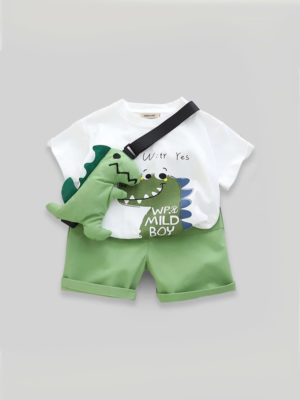 SET DE VARA PENTRU BAIETEI CU TRICOU SI PANTALONI SCURTI VERDE ALB BARNEY