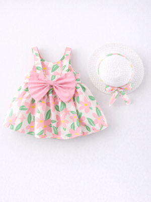 rochie casual de vara roz cu verde cu palarie pia leafs