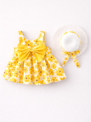 rochie galbena de vara cu flori si palarie pia sunny