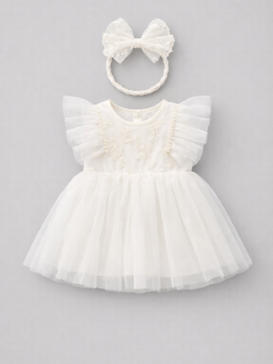 rochita pentru bebelusi rochie pentru fetite alba brodata pentru copii cu tul si bentita rochie eleganta botez eveniment babydoll