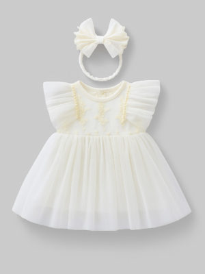rochita pentru bebelusi rochie pentru fetite alba brodata pentru copii cu tul si bentita rochie eleganta botez eveniment babydoll